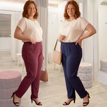 Kit 2 Calça Feminina Plus Size Gorgurão Cintura Alta Modelagem Confortável Casual Trabalho Tamanho:GCor:VINHO AZUL