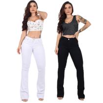 Kit 2 Calça Flare Feminina Jeans Com Licra efeito Levanta Bumbum Preta e Branca 32 - Kaena