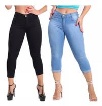 Kit 2 Calça Jeans Feminina Capri Cintura Alta Levanta Bumbum Com Lycra