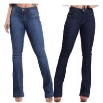 Kit 2 Calça Jeans Feminina Flare Boca de Sino Empina Bumbum Com Lycra