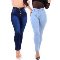 Kit 2 Calça Jeans Feminina Skinny Cintura Alta Com Lycra Levanta Bumbum