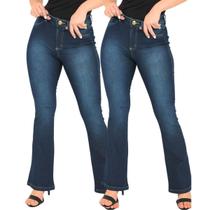 Kit 2 Calça Jeans Flare Escura Barra Aberta Feminina Tecido Premium Estilo Luxo