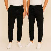Kit 2 Calça Jogger Cargo Masculina com Elástico Sarja e Bolso Lateral Masculina