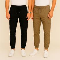 Kit 2 Calça Jogger Cargo Masculina com Elástico Sarja e Bolso Lateral Masculina