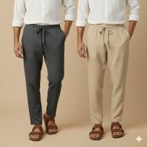 Kit 2 Calça Masculina de Linho Reta Elástico com Cordão Confortável Casual Social Praia Verão Chique