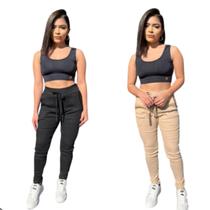 KIt 2 Calça Ribanna Feminina Cintura Alta Canelado Jogger Com Cardaço Falso jogger