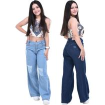 Kit 2 calça wide leg jeasn feminino bolso pantalona denim infantil juvenil