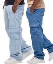 Kit 2 Calças Cargos Masculina Jeans Larga Bolso Lateral Streetwear