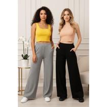 Kit 2 Calças Feminina Pantalona Malha Viscose Zipituka Preto e Cinza