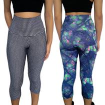 Kit 2 Calças Femininas Corsário Justas Cós Cintura Alta Estampas Sortidas Suplex PP ao Plus Size