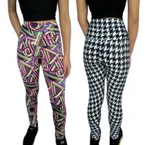 Kit 2 Calças Femininas Legging Justas Cós Cintura Alta Estampas Sortidas Suplex PP ao Plus Size
