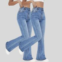 KIT 2 Calças Flare Jeans Feminina Boca de Sino Cintura Alta Modeladora Confort KIT 2 Calças Flare Jeans Feminina Boca de Sino Cintura Alta Modeladora Confort