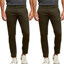 Kit 2 Calças FMF de Sarja Chino Com Bolso Traseiro Embutido Alfaiataria Skinny Verde Militar