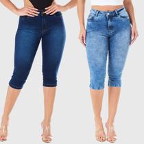 Kit 2 Calças HNO Jeans Capri Cintura Alta Azul Marinho e Azul Claro Kit 2 Calças HNO Jeans Capri Cintura Alta Azul Marinho e Azul Claro