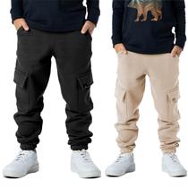 Kit 2 Calças Infantil Menino Moletom Cargo Bege/Preto Lisa