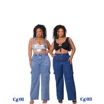 Kit 2 Calças Jeans Cargo Feminina Cintura Alta Plus Size Kit 2 Calças Jeans Cargo Feminina Cintura Alta Plus Size