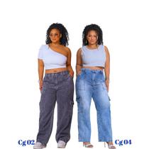 Kit 2 Calças Jeans Cargo Feminina Cintura Alta Plus Size