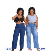 Kit 2 Calças Jeans Cargo Feminina Cintura Alta Plus Size Kit 2 Calças Jeans Cargo Feminina Cintura Alta Plus Size