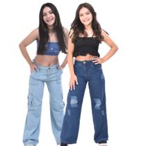 kit 2 calças jeans feminina cargo 2 bolsos laterais pantalona wide leg estilosa modinha do 10 ao 16