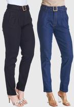 Kit 2 Calças Jeans Feminina Reta Classic com Cinto Cintura Alta Azul e Preta