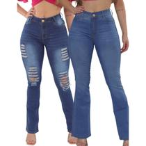 Kit 2 Calças Jeans Femininas Flare e Destroyed Tendência Blogueira - SK Jeans