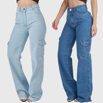 Kit 2 Calças Jeans HNO Jeans Wide Leg Cargo Hot Pant Bolso Lateral Azul Claro