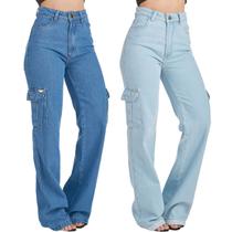Kit 2 Calças Jeans HNO Jeans Wide Leg Cargo Hot Pant Bolso Lateral Azul Claro Kit 2 Calças Jeans HNO Jeans Wide Leg Cargo Hot Pant Bolso Lateral Azul Claro