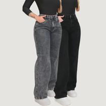 Kit 2 Calças Jeans Wide Leg Feminina Grafite Cintura Alta