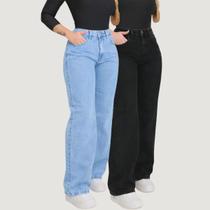 Kit 2 Calças Jeans Wide Leg Feminina Grafite Cintura Alta