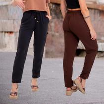 Kit 2 Calças Jogger Slim Feminina Duna Crepe Sem Elástico No Punho Cintura Alta Kit 2 Calças Jogger Slim Feminina Duna Crepe Sem Elástico No Punho Cintura Alta