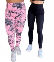 Kit 2 Calças Legging Marmorizada + Preta Básica Academia