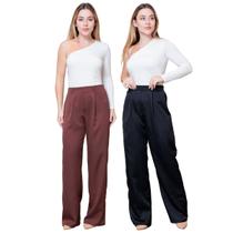 Kit 2 Calças Pantalona Feminina de Alfaiataria Lisa com Pregas