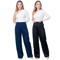 Kit 2 Calças Pantalona Feminina de Alfaiataria Lisa com Pregas