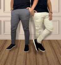 Kit 2 Calças SARJA Bege/Chumbo Slim Social FIT Sport Fino