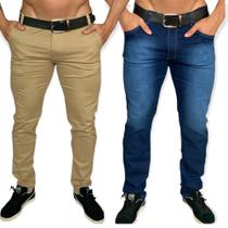 Kit 2 Calças sarja masculino slim reta cores variadas