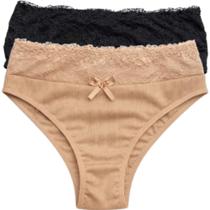 Kit 2 Calcinha Feminina Canelada Cintura Alta Com Renda Conforto Lingerie Básica Calsinha Cós Alto