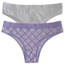 Kit 2 Calcinhas Estampa Tribal Lilás Lisa Branco P - Basic+