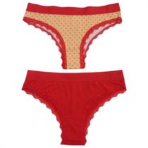 Kit 2 Calcinhas Renda Estampa Poá e Lisa Vermelho M - Basic+