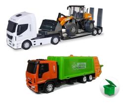 Kit 2 Caminhões e 1 Trator Pá Carregadeira Licenciado Iveco E Case - Caminhão Coletor de Lixo Usual - USUAL BRINQUEDOS