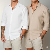 Kit 2 Camisa com toque Linho Manga Longa Masculina Social Confortável Casual Elegante Leve Verão Kit 2 Camisa com toque Linho Manga Longa Masculina Social Confortável Casual Elegante Leve Verão