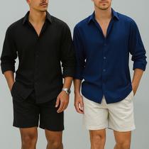 Kit 2 Camisa com toque Linho Manga Longa Masculina Social Confortável Casual Elegante Leve Verão Kit 2 Camisa com toque Linho Manga Longa Masculina Social Confortável Casual Elegante Leve Verão