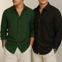 Kit 2 Camisa com toque Linho Manga Longa Masculina Social Confortável Casual Elegante Leve Verão Kit 2 Camisa com toque Linho Manga Longa Masculina Social Confortável Casual Elegante Leve Verão