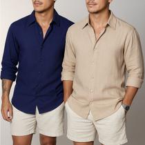 Kit 2 Camisa de Linho Blusa Manga Longa Viscose Praia Masculina Muitas Cores