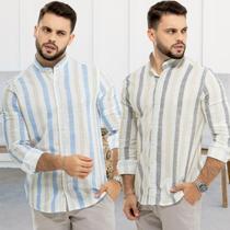 Kit 2 Camisa Social Masculina Manga Longa Gola Padre Listras