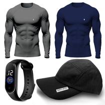 Kit 2 Camisa Térmica Masculina UV Segunda Pele Protação Solar 50+ Manga Longa + Boné Dry Fit + Relógio