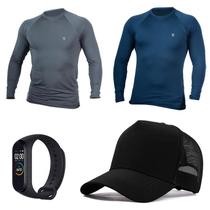 Kit 2 Camisa Térmica Masculina UV Segunda Pele Protação Solar 50+ Manga Longa Dry Fit + Boné + Relógio - Make Peace