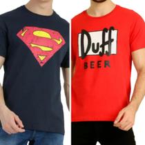 Kit 2 Camisas Masculinas Estampadas Personagens Desenho Duff Super Herói Simpsons