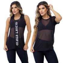 Kit 2 Camiseta Blusa Feminina Comprida De Academia Vest leg Preta com o Texto em Cores Sortidas Kit 2 Camiseta Blusa Feminina Comprida De Academia Vest leg Preta com o Texto em Cores Sortidas