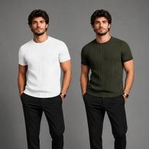 Kit 2 Camiseta de Tricô Canelada Masculina Manga Curta Leve Básica Gola mid Slim Premium Casual Soci Kit 2 Camiseta de Tricô Canelada Masculina Manga Curta Leve Básica Gola mid Slim Premium Casual Soci
