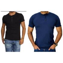 Kit 2 Camiseta Henley Canelado Masculina 4 Botões Slim M Curta